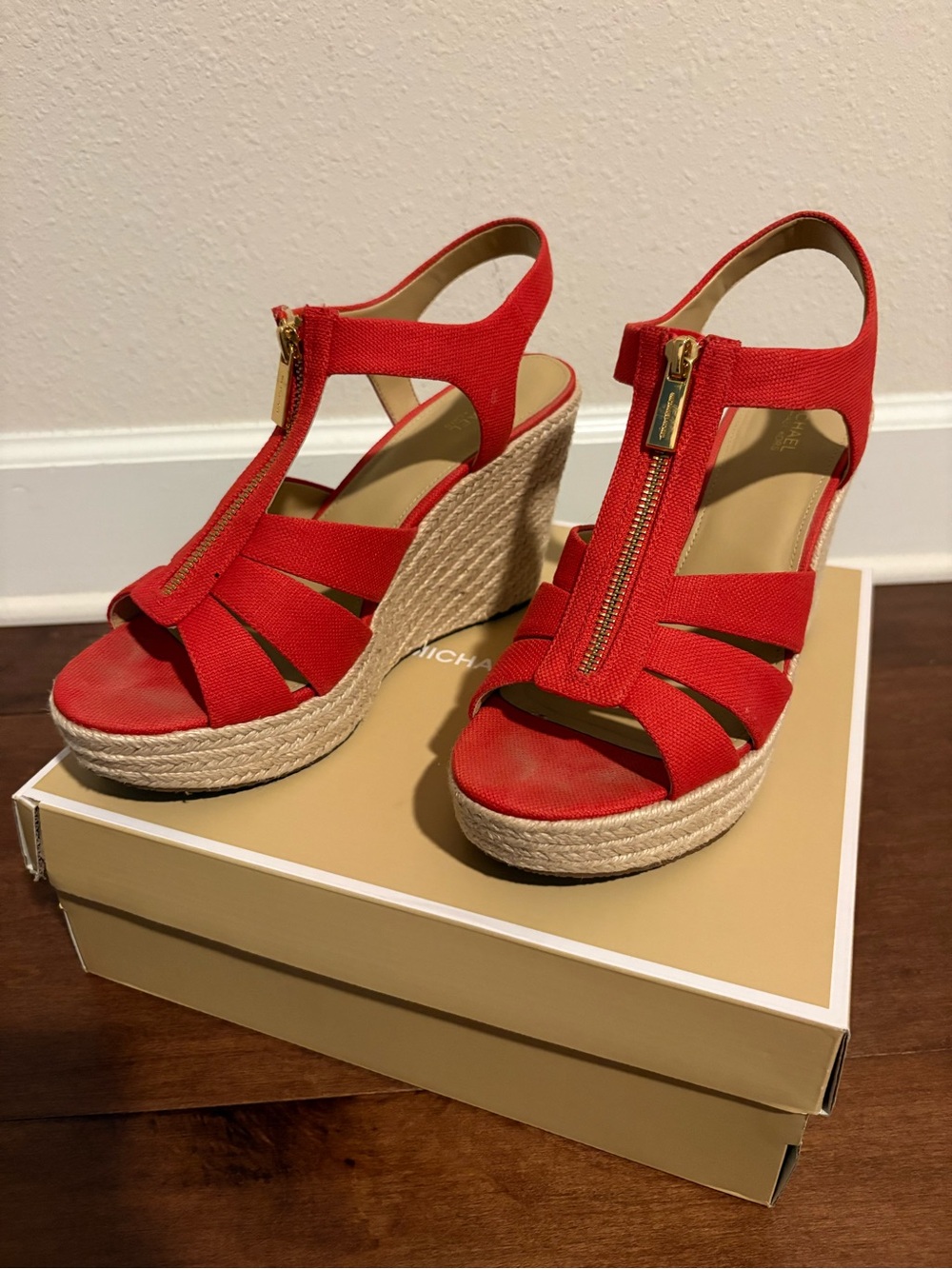 Michael Kors Red Canvas Espadrille Wedge Sandals with Gold Zip